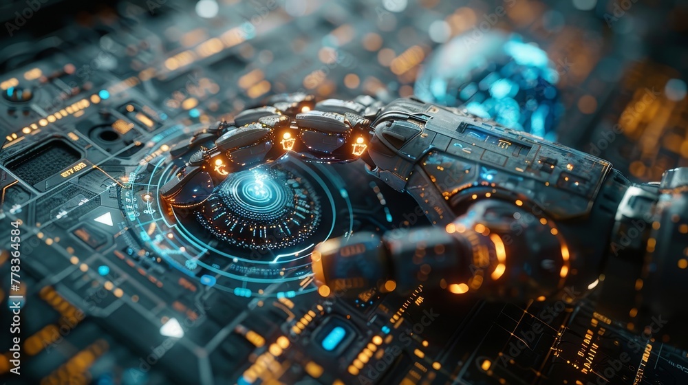 Leinwandbilder The concept of artificial intelligence in global communication technology. AI controls the global network. A robot arm interacts with a 3D Earth on a head-up display. Artificial intelligence links
