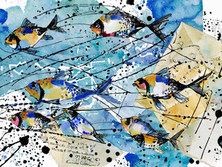 Abstract collage with a school of fish, ink lines and blots, watercolor strokes on a blue background