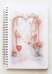 Watercolor painting of a romantic street scene with a heart-shaped balloon floating in the foreground.