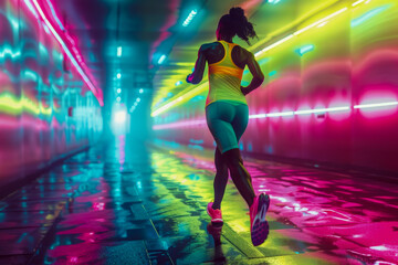 Runner in bright neon green athletic wear with dynamic pink and green lighting in the background