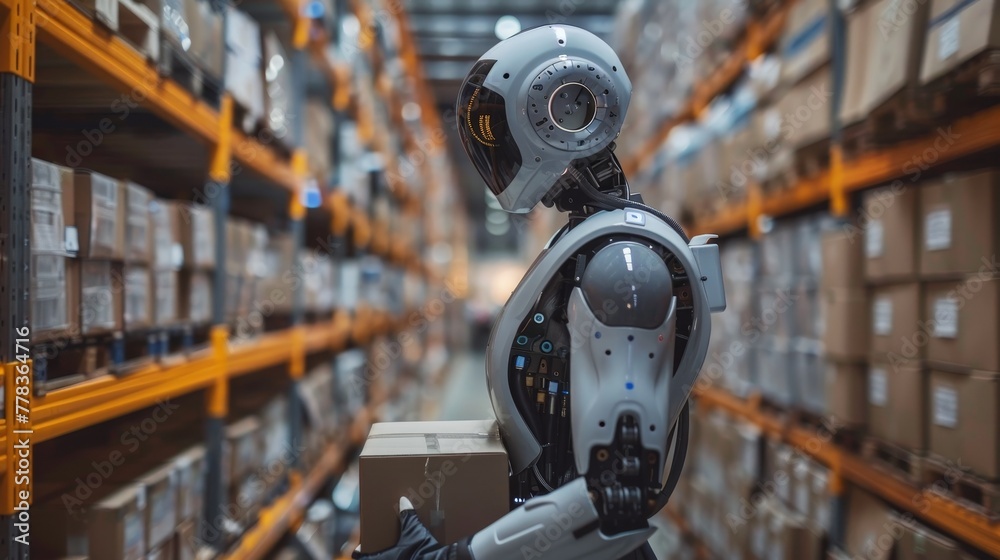 Leinwandbilder robotic exosuit on worker in warehouse. sci-fi concept exoskeleton suit. future delivery and logisti