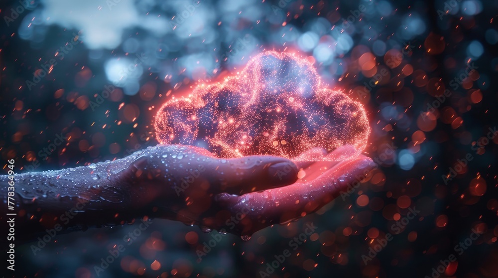 Poster Icon of digital cloud over hand with neon lights. Digital rain of data comes from digital cloud. Internet Datum storage synchronization. Upload or download information.