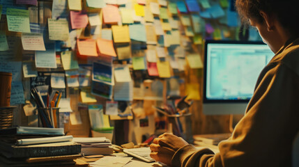 Close-up of a busy desk with post-it reminders and a person working late at a computer