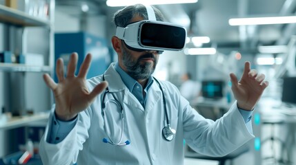 A rofessional is immersed in a cutting-edge virtual reality simulation, wearing a VR headset within a modern, technologically advanced hospital setting, engaged in precise diagnostic procedures.