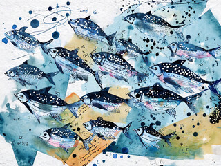 Abstract collage with a school of fish, ink lines and blots, watercolor strokes on a blue background