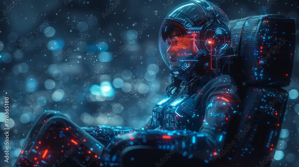 Aufkleber World is controlled by Artificial Intelligence. Female robot queen sits on throne. Beautiful cyborg woman with AI on podium in cyberspace. Image of cyborg girl with neural network.