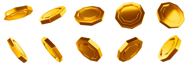 Gold coin set in the shape of hexagons. Transparent background, png