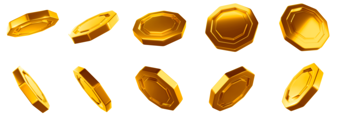 Gold coin set in the shape of hexagons. Transparent background, png