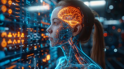 Using artificial intelligence to diagnose diseases. Medical report about health patient on 3D screen with medical interface. Telemedicine. Computer scan of man. Artificial intelligence diagnosis of - obrazy, fototapety, plakaty
