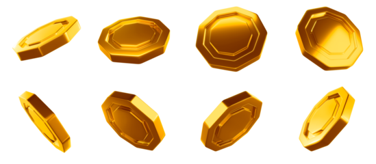 Glossy golden coin set in the shape of hexagons. Transparent background, png
