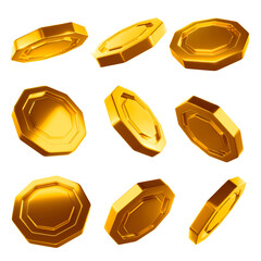 Glossy golden coin set in the shape of hexagons. Transparent background, png