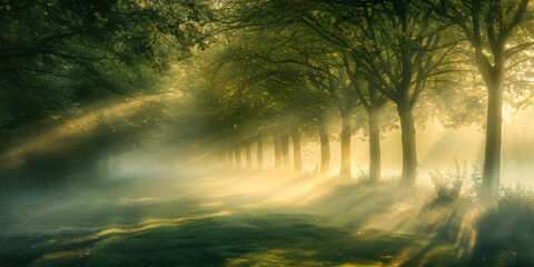 Golden sunbeams pierce the mist along a serene forest path, casting a mystical glow on the scene