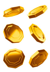 Glossy golden coins in the shape of hexagons. Transparent background, png