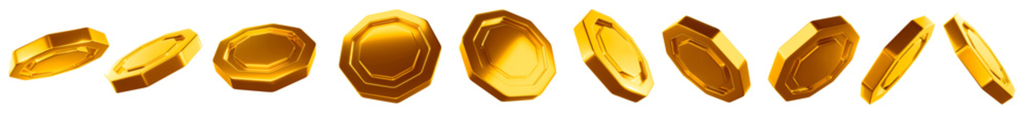 Gold coin set in the shape of hexagons. Transparent background, png