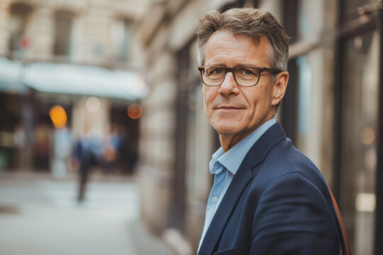 Portrait of handsome mature businessman with eyeglasses in the city
