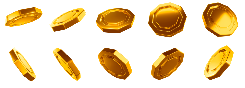 Gold coin set in the shape of hexagons. Transparent background, png