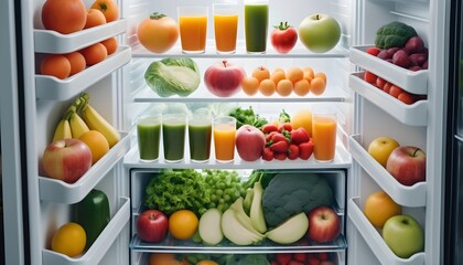 An open refrigerator full of juice and fresh vegetables and fruits. Healthy eating and vegan concept.
