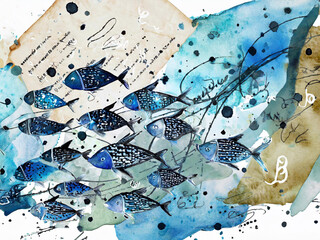 Abstract collage with a school of fish, ink lines and blots, watercolor strokes on a blue background