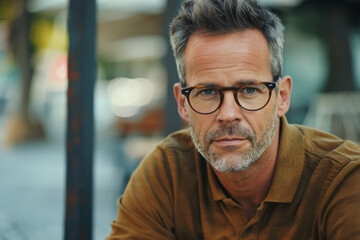 Portrait of handsome middle-aged man with glasses outdoors
 - obrazy, fototapety, plakaty