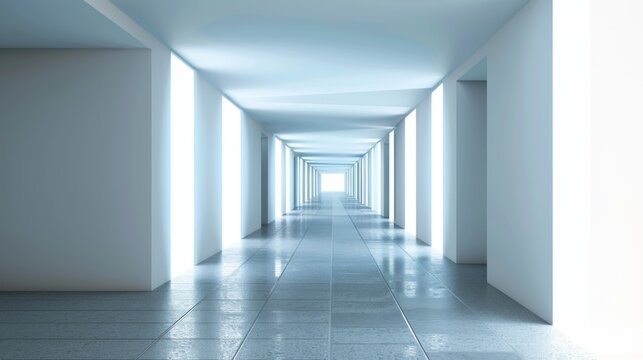Long Hallway With White Walls and Floor