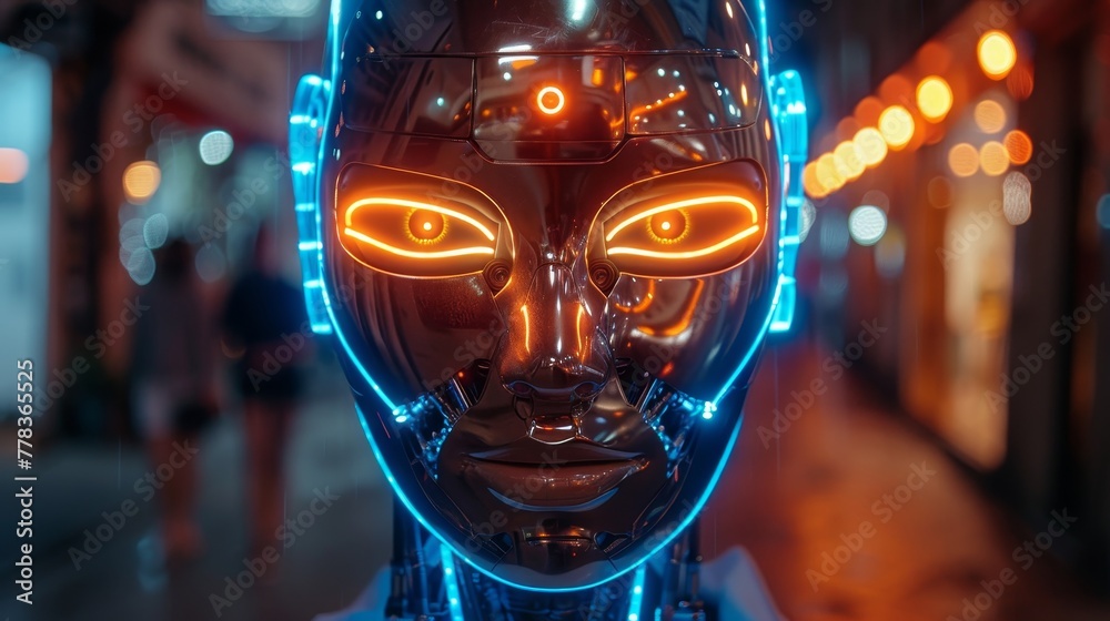 Poster Robot head of AI chat bot hanging over screen phone. Mobile AI chat bot chatting with user through messenger. Abstract internet chatbot with artificial intelligence chatting through phone.