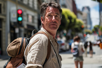 Portrait of a middle-aged man with a backpack in the city
