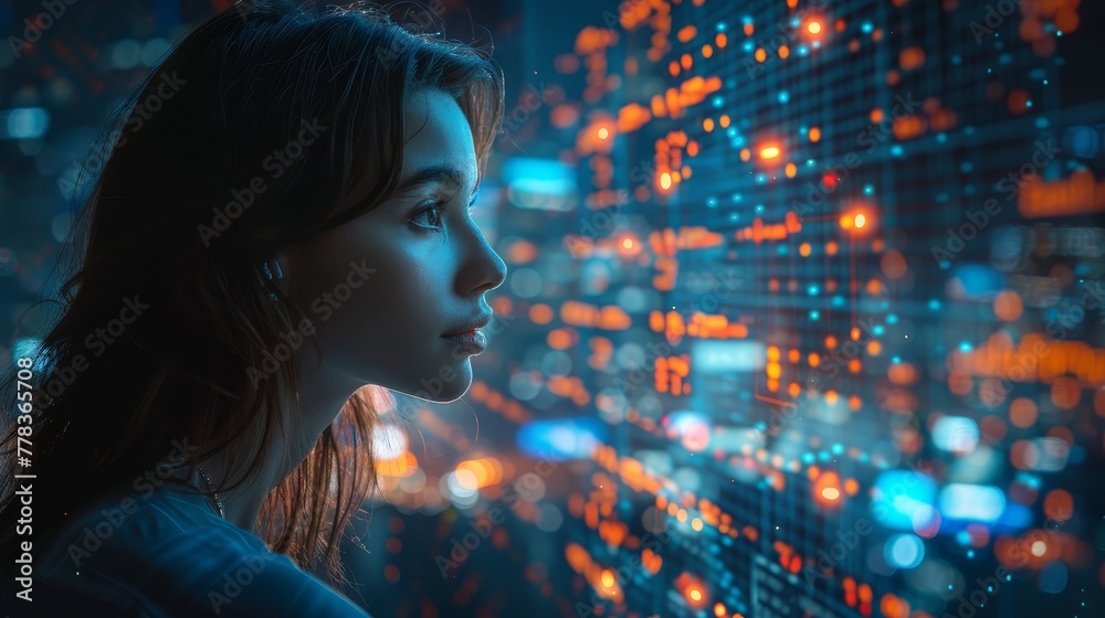 Poster Trading robot with artificial intelligence. Network analysis of financial charts by cyborg women or robots. Artificial intelligence for automated trading on stock exchanges.