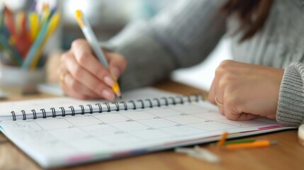 Person jotting down notes in a planner, planning business tasks with focus and detail