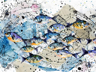 Abstract collage with a school of fish, ink lines and blots, watercolor strokes on a blue background