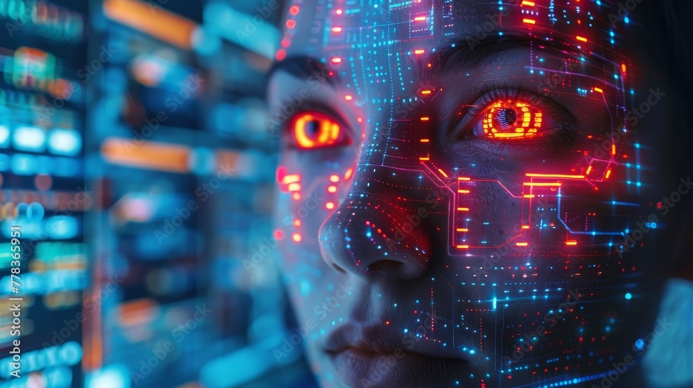 Poster AI software development concept. Robot head on desk of engineer. Programming, learning artificial neural networks. Futuristic computer interface of AI configurations.