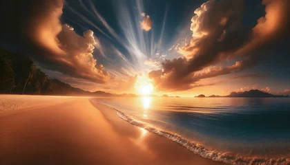 Fotobehang Majestic beach sunset with radiant sunbeams piercing through dramatic clouds, evoking serenity and awe. © Sercop