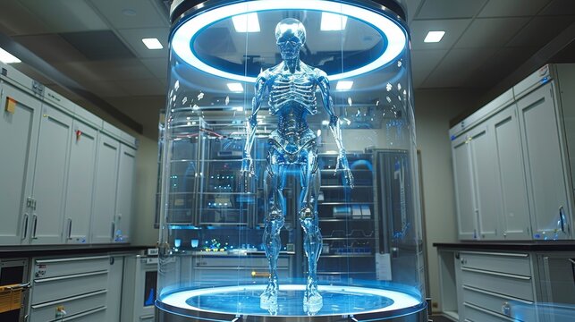 Creepy full-length space alien floats in liquid in hibernation chamber. Anthropomorphic creature in laboratory glass capsule.