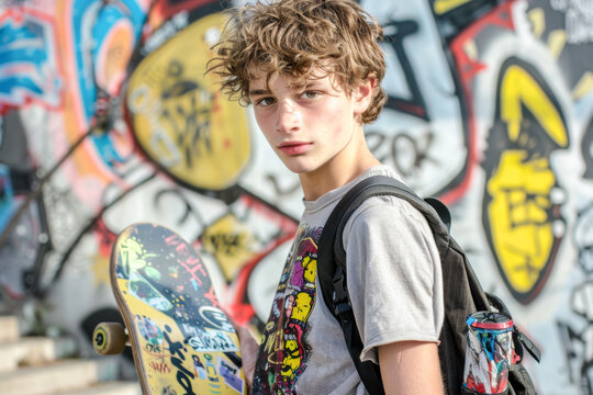 Teenage boy with skateboard in front of a graffiti wall.
