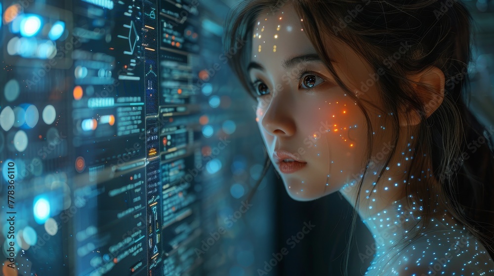 Aufkleber In image robot woman using futuristic interface on transparent computer touch screen. Artificial intelligence data displayed on computer display. Female cyborg. Artificial neural networks.