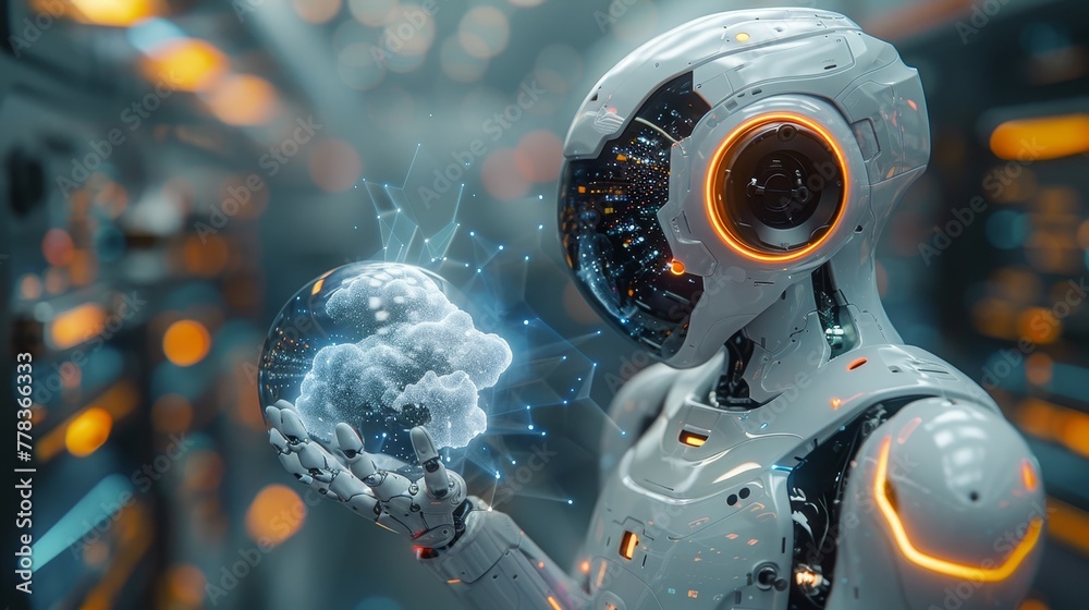 Poster Cloud computing with AI technology. Robot holding cloud of data, communicating over a network, and processing the data. Artificial intelligence processing data in a cloud.