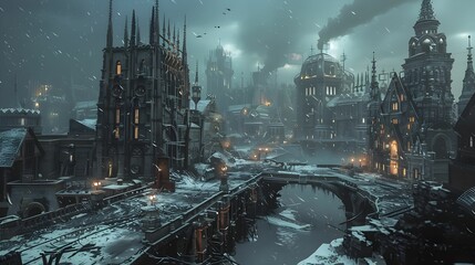 Moody and atmospheric steampunk cityscape with gothic architecture during a snowy twilight.