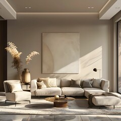 The warm sunlight filters into a contemporary living room, highlighting the minimalist aesthetic and earth-toned decor.