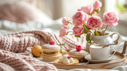 Fototapeta na wymiar Cozy Breakfast in Bed with Fresh Flowers