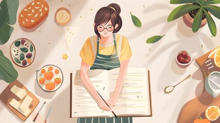 Artistic overhead illustration of a woman writing recipes in a cookbook surrounded by fresh ingredients and kitchenware.