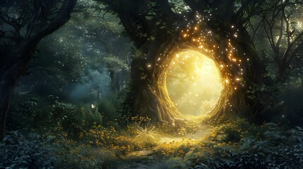 A mystical forest scene with a magical gateway formed within an ancient tree, surrounded by ethereal lights and vibrant flora. - obrazy, fototapety, plakaty