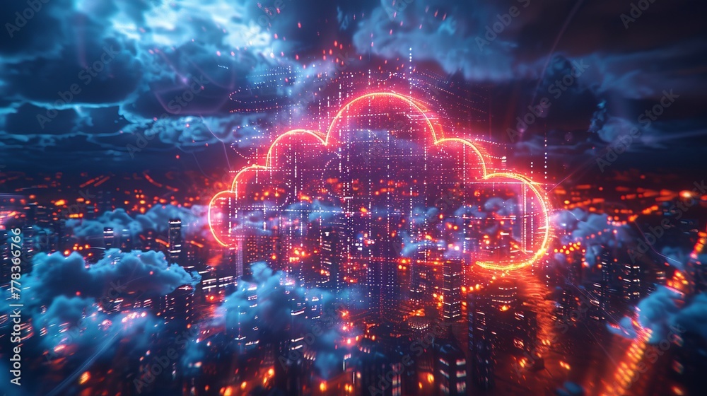 Poster Cloud computing concept. Remote data storage with company computer network. Cloud services. Download and upload data on the Internet. Digital cloud icon over Smart City. IOT technology.