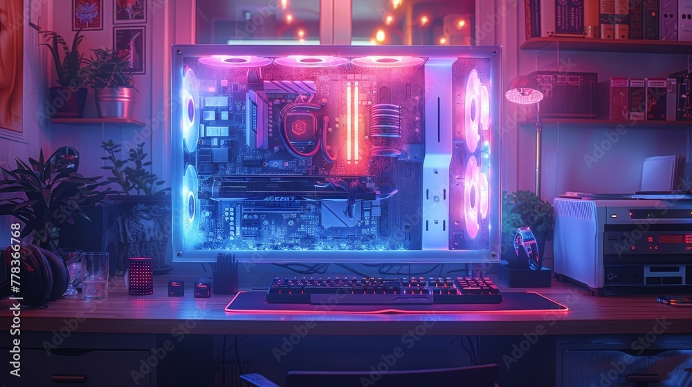 Aufkleber power desktop gaming pc hardware parts with neon lights hanging over desk in dark. computer upgrade 