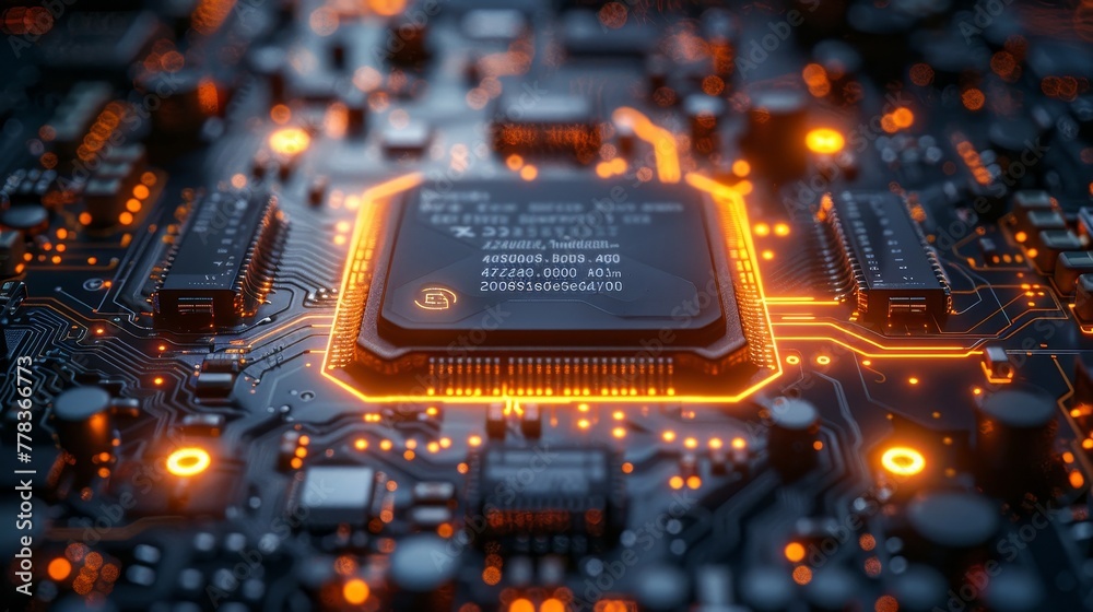 Poster Abstract digital chip computer processor and electronic components on mother board. Technology developing electronic devices on microchip or microprocessor. Artificial intelligence.