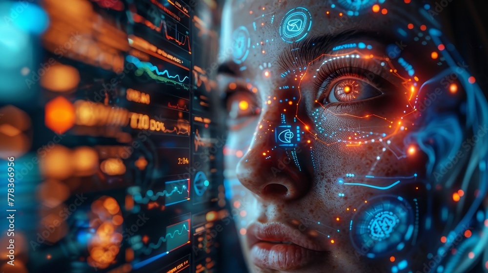 Aufkleber Artificial intelligence doctor. A 3D medical interface with data of analysis and report about the health of the patient. Telemedicine. Computer scan of man. Artificial intelligence diagnoses