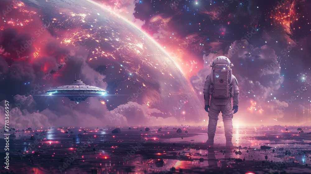 Poster space station runway with a flying saucer landing on it, in a sci-fi illustration of an astronaut si