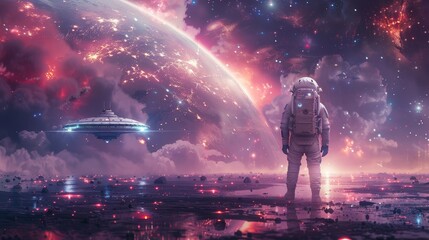 Space station runway with a flying saucer landing on it, in a sci-fi illustration of an astronaut sitting on a futuristic spaceship. - obrazy, fototapety, plakaty