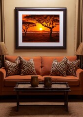 Fototapeta premium Warm colors living room with ethnic sofa and african sunset framed picture