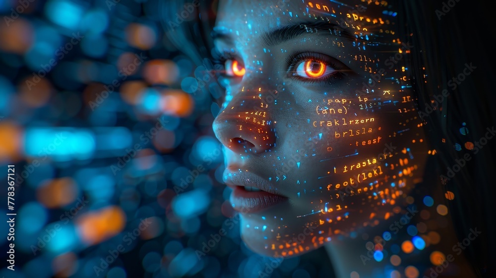 Fototapete Software development with AI chat bots. Neural networks coding program text. Artificial intelligence in image. Robotic Cyborgs which help programmers create software.