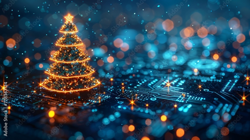 Poster new year, merry christmas congratulations card with electronic technology design. tech digital banne