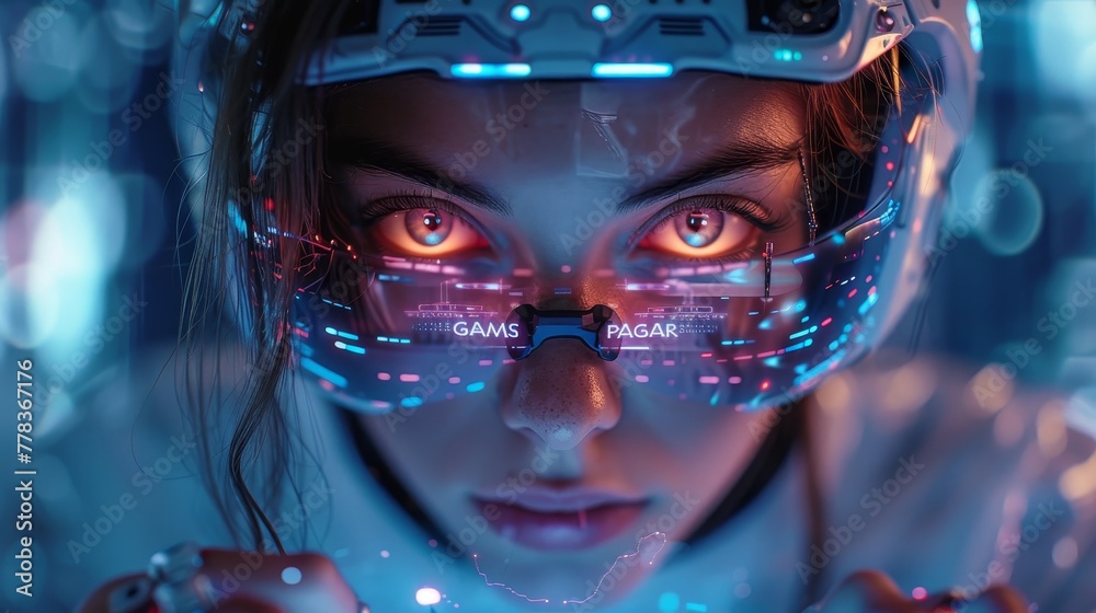 Poster Stunning cyborg woman holds game pass for computer video games and digital entertainment. Female robot with banner splash on video gaming console. Gamers banner with robot woman holding game pass.